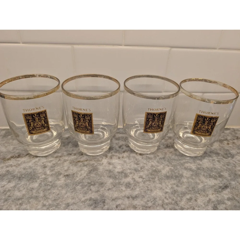 Vintage Thorne's Scotch Whisky Rocks Glasses Gold Rimmed‎ Set Of 4